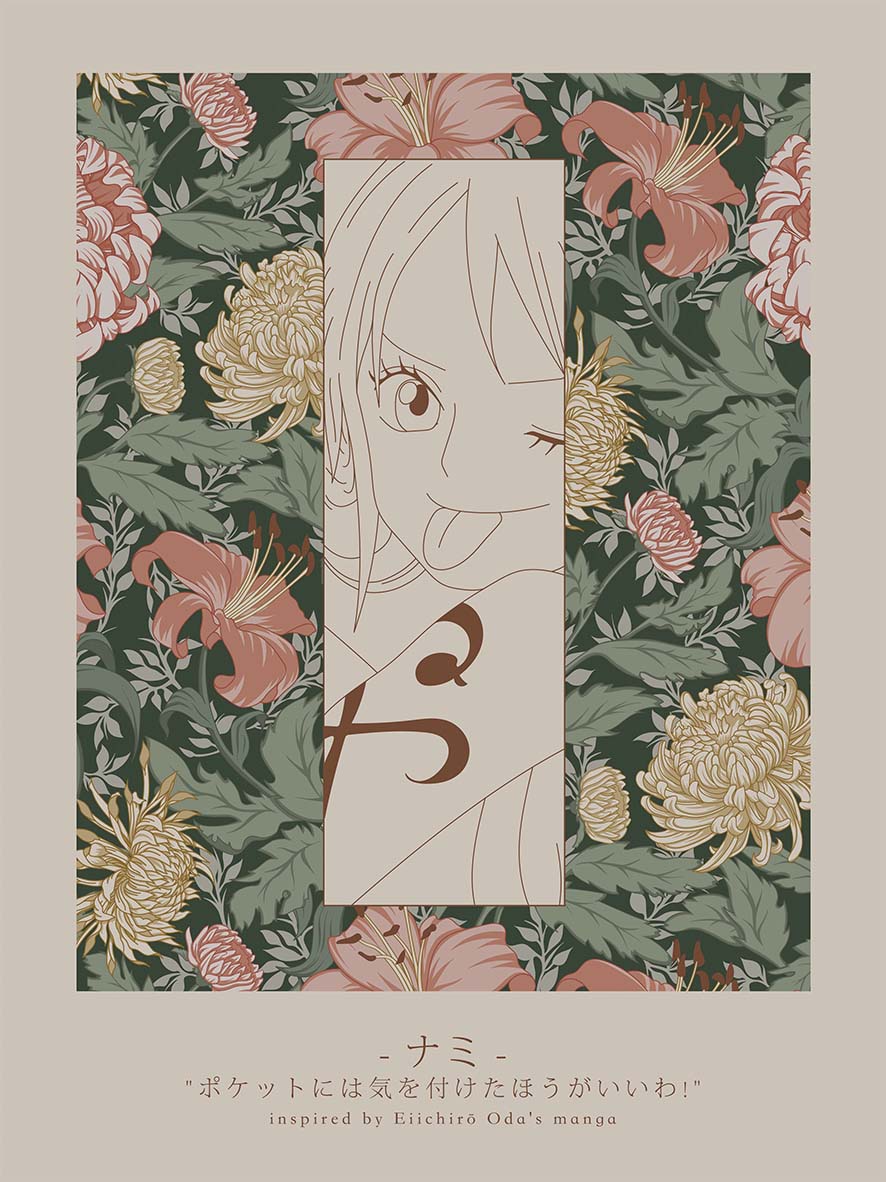 Affiche murale manga One Piece cottage japandi esthétique florale Nami